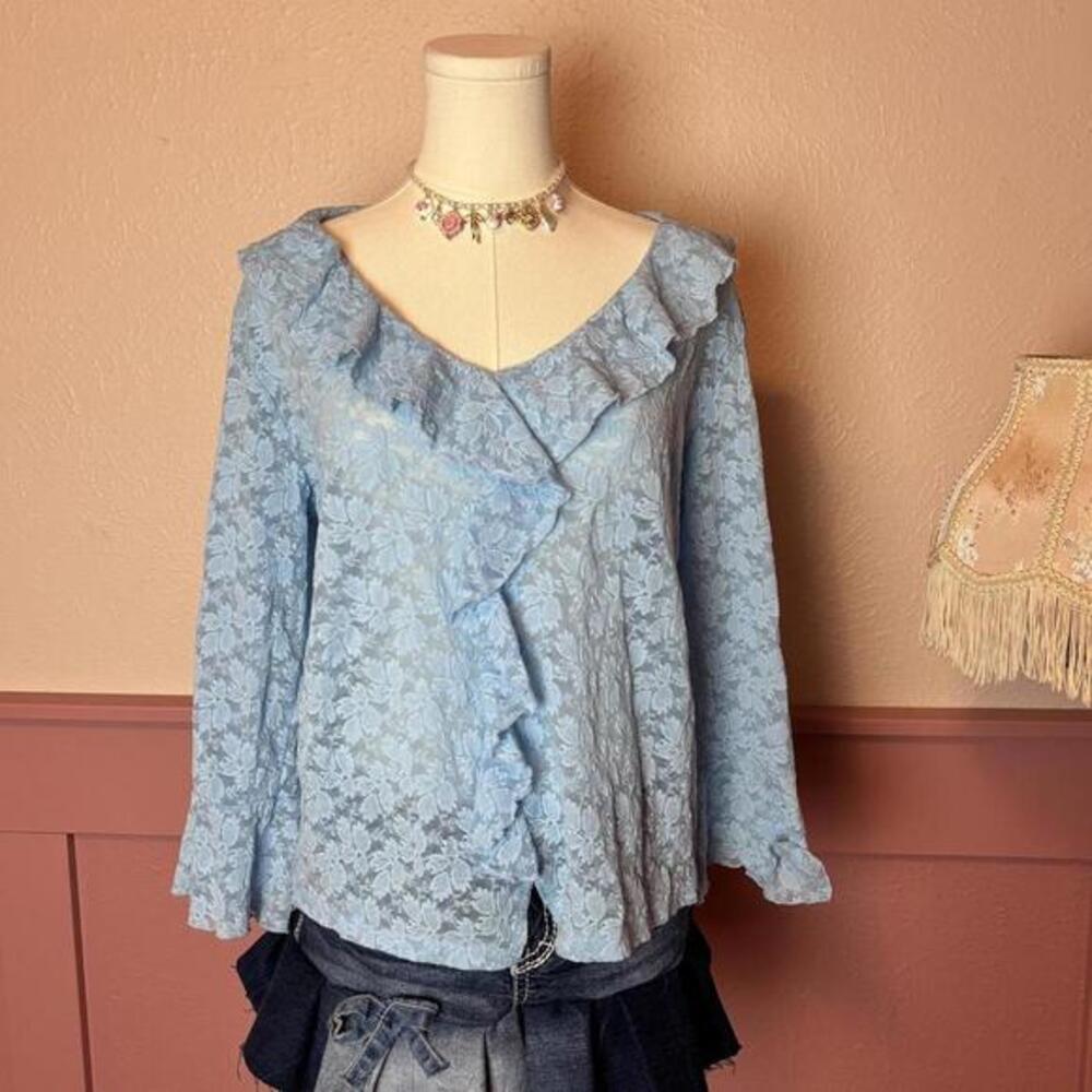 fairy coquette cottage ruffle whimsy lace blouse  nicola sz large light blue
